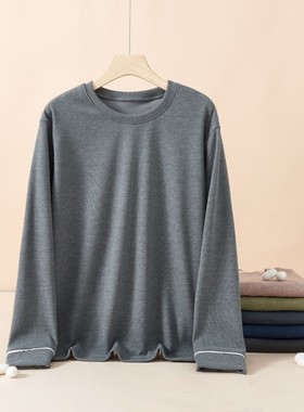 男士圆领单件睡衣冬季大码显瘦长袖保暖T恤加绒加厚休闲打底上衣