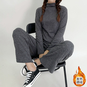 德绒高领保暖家居服套装 女冬加厚宽松睡衣休闲大码 纯色加绒两件套