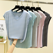 t恤衫 莫代尔无袖 宽松V领打底上衣薄款 内搭休闲短袖 背心女夏季 大码