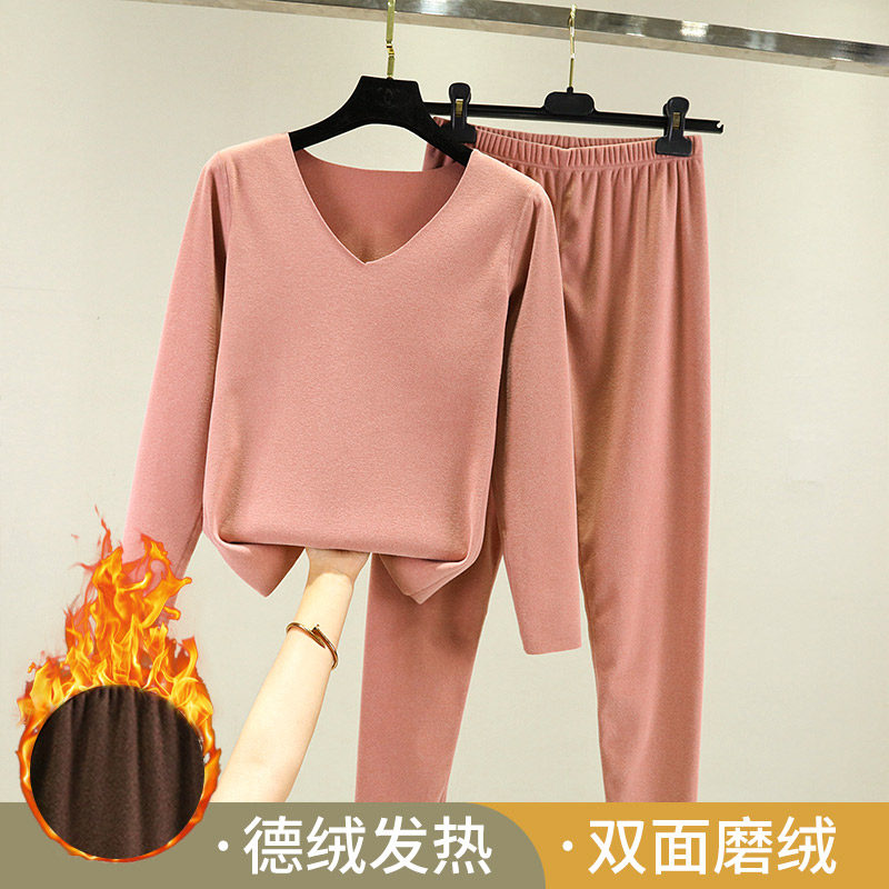 양면 벨벳 보온내의 세트 라지 사이즈 밀착되는 이너웨어 독일산 벨벳 발열 베이스 투피스 세트 브이넥 가을 코트 가을 바지