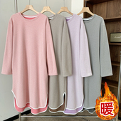 德绒圆领宽松条纹睡裙女冬加绒保暖长袖 加厚休闲长裙 连衣裙大码