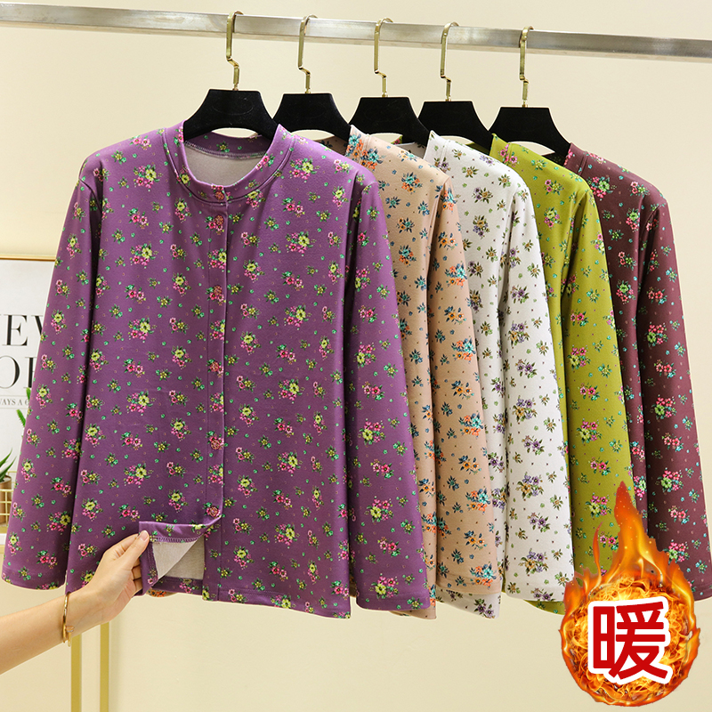 中老年加厚德绒保暖开衫外套女冬季居家睡衣上装大码碎花排扣上衣