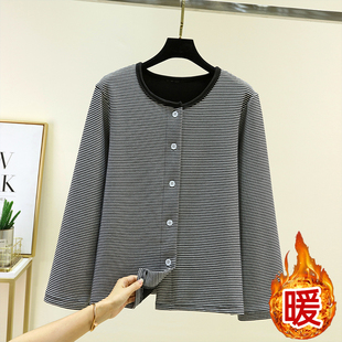 德绒保暖开衫女冬季新款加绒条纹长袖上衣居家大码单排扣加厚睡衣