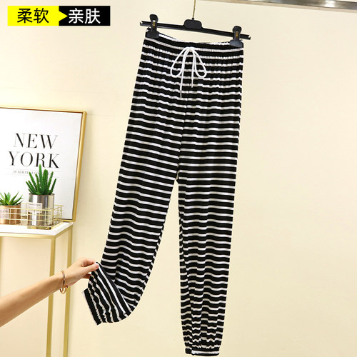 莫代尔条纹束脚睡裤薄款防蚊裤