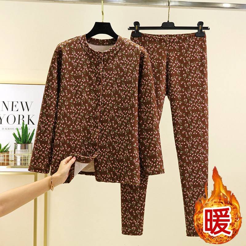 中老年保暖家居服套装冬季加厚德绒碎花开衫长裤居家宽松睡衣套服