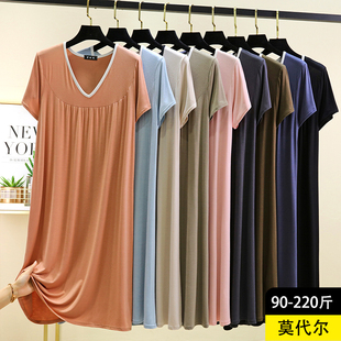 莫代尔V领睡裙女夏季薄款短袖长裙纯色居家休闲裙大码宽松连衣裙