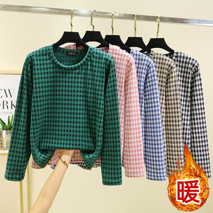 德绒圆领宽松格子上衣女冬加绒内搭保暖T恤加厚居家大码 睡衣上装