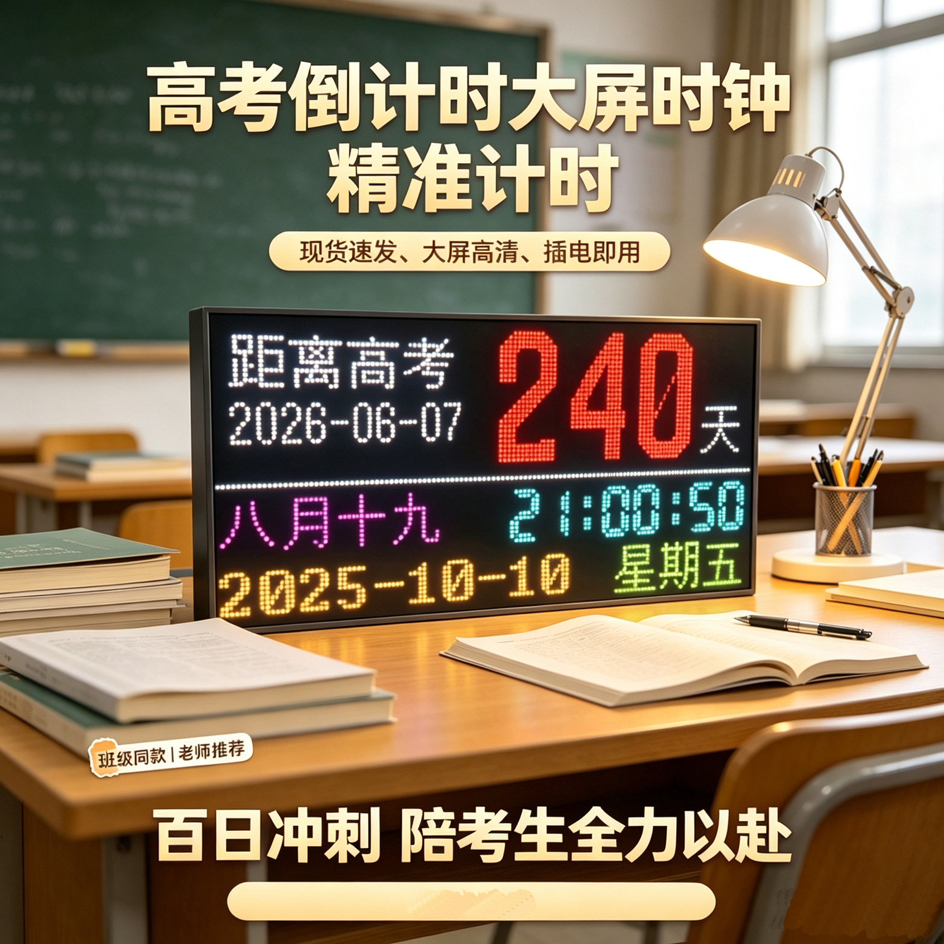 中高考天数倒计时器显示器书房教室电子日历挂钟2026年励志提醒牌
