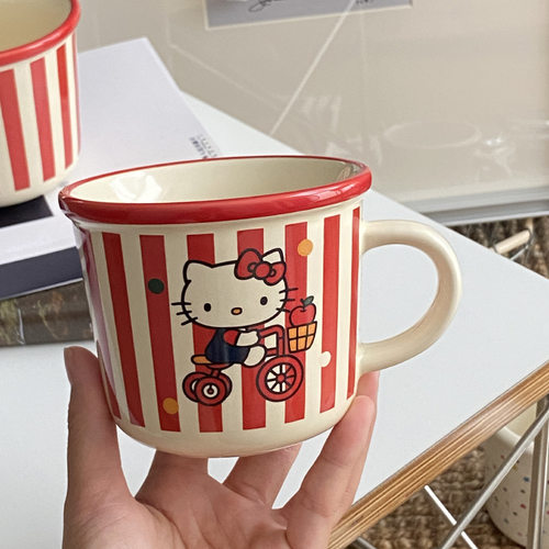 新年喜庆条纹红kt陶瓷马克杯卡通插画把手杯咖啡杯情侣水杯早餐杯