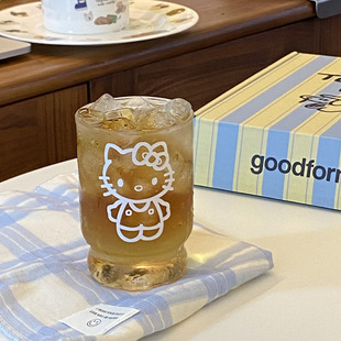 ins高透卡通kt猫玻璃杯 可爱高硼硅水杯 少女心牛奶早餐杯咖啡杯