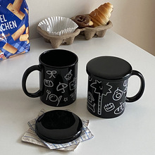 自制黑色涂鸦马克杯带盖 小众简约卡通椰子树陶瓷水杯咖啡杯350ml