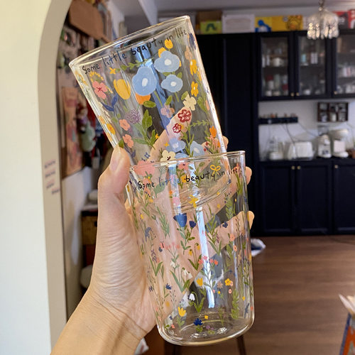 法式浪漫小花高硼硅玻璃杯 小众耐高温早餐杯 春风不及你温柔
