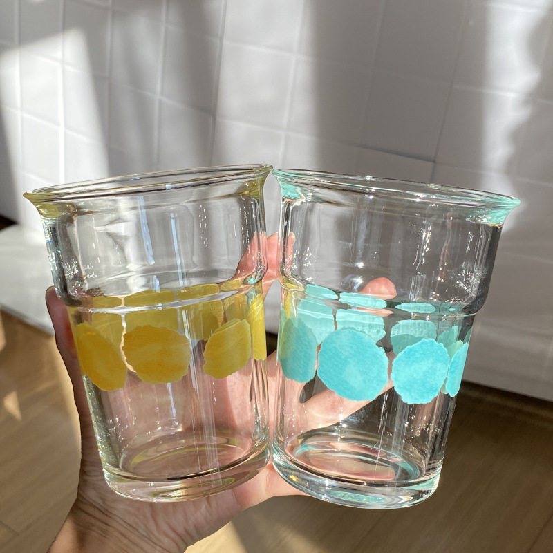 青天大老爷 ins复古晕染蓝绿色波点玻璃杯果汁杯中古风柠檬黄水杯