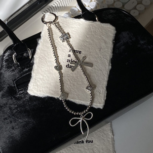 小众复古冷淡风银色蝴蝶结串珠手机链韩ins少女ccd挂绳包挂件甜酷