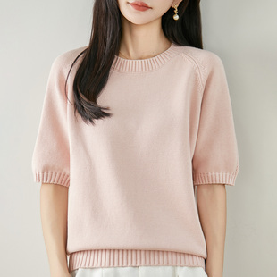 棉线针织圆领短袖T恤女袖子镂空半袖打底衫休闲五分袖线衣厚