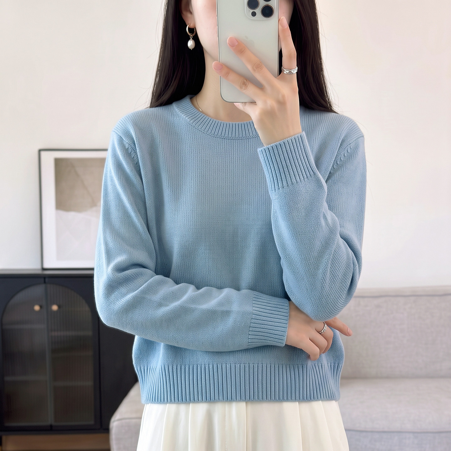 秋冬新款100%纯棉圆领针织衫女宽松加厚打底衫毛衣长袖T恤线衣厚