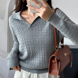 100%纯棉线针织衫 上衣线衣简约显瘦T恤 女翻领绞花毛衣百搭打底衫