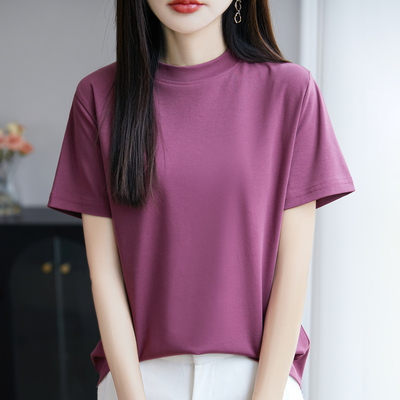 春夏新款半高领纯棉短袖女小立领T恤百搭宽松中袖上衣显瘦打底衫