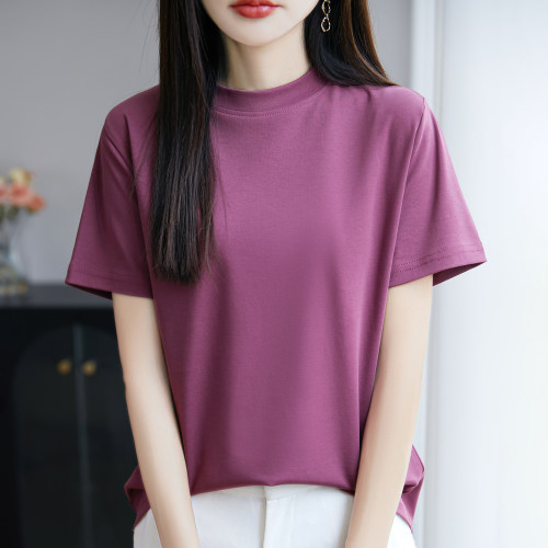 春夏新款半高领纯棉短袖女小立领T恤百搭宽松中袖上衣显瘦打底衫