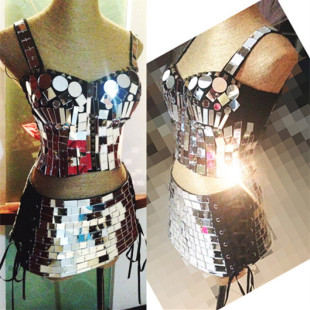 超短裙舞台装 少量特价 手缝反光亚克力镜片露脐吊带胸衣 爆款 现货