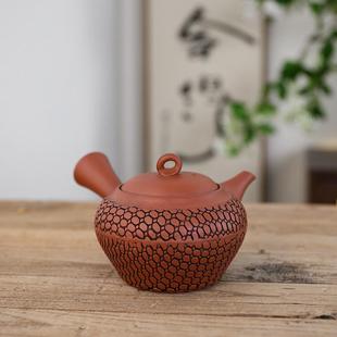 日本常滑烧已故名家倒稻叶石水手作朱泥雕网纹橫侧把手泡茶急须壶