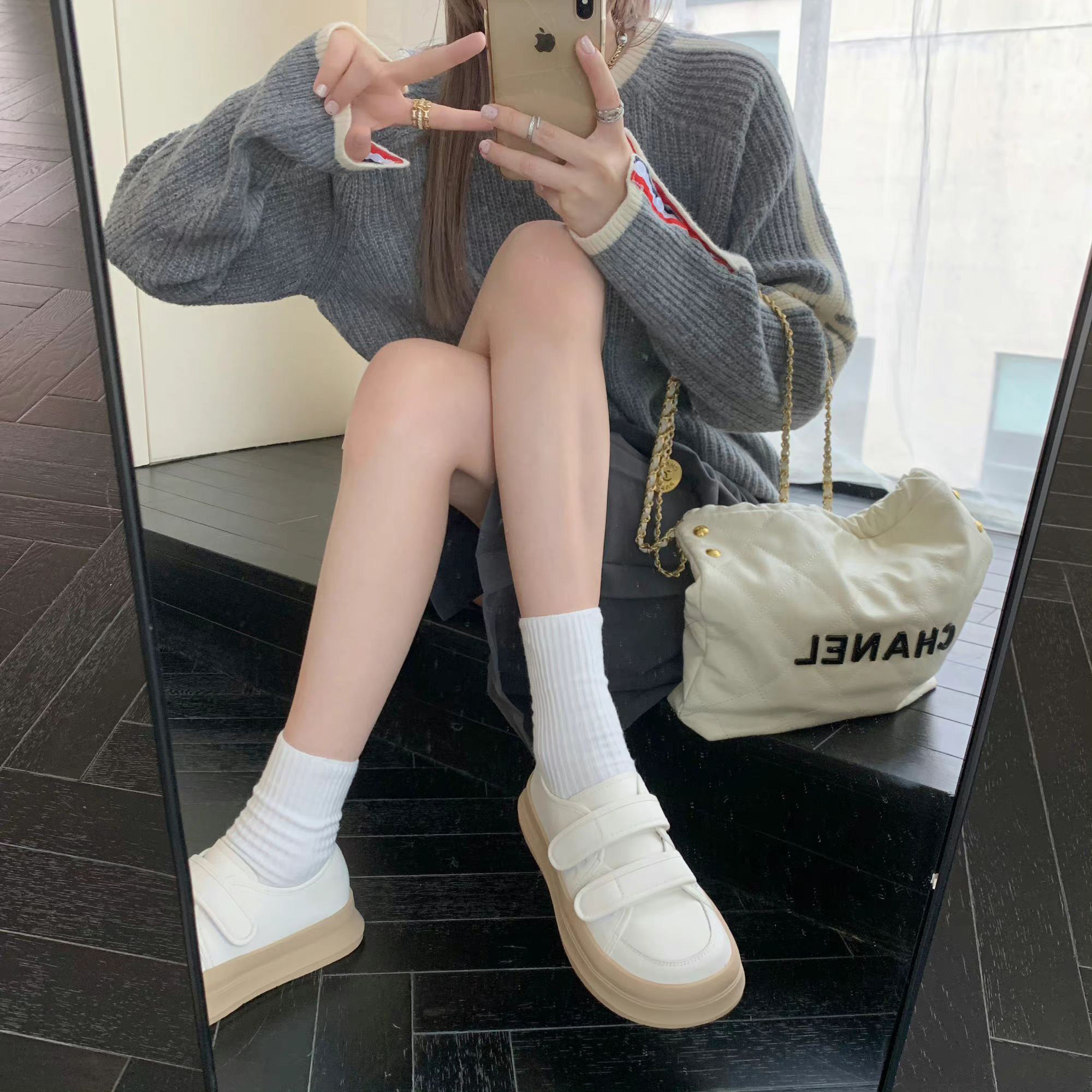 羊皮版~百搭魔术贴厚底超火小白鞋女夏季2025新款板鞋ins真皮单鞋