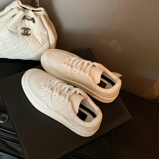 羊皮版~真皮厚底圆头小香风系带透气小白鞋女2024新款休闲鞋板鞋