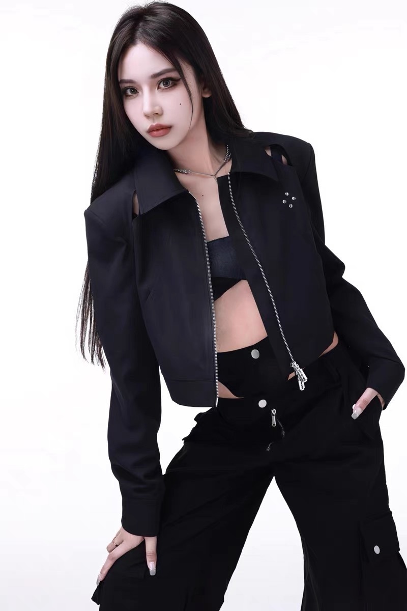 4AMOR PROJECT 短款黑色中性机能金属夹克外套女+镂空双腰裤女