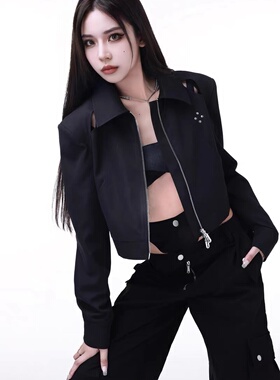 4AMOR PROJECT 短款黑色中性机能金属夹克外套女+镂空双腰裤女