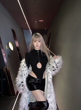 现货4AMOR PROJECT 连体衣秋冬辣妹撞钉黑色连衣裙修身包臀套装