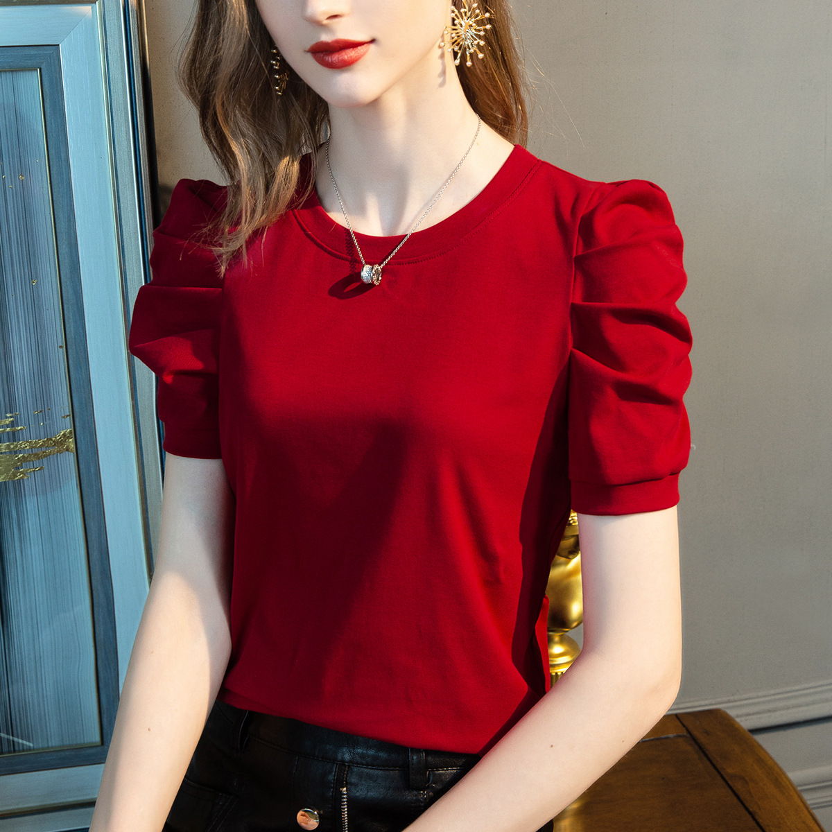IEF爱依服衣服短袖t恤夏季女款纯色半袖棉体恤褶皱泡泡袖设计上衣