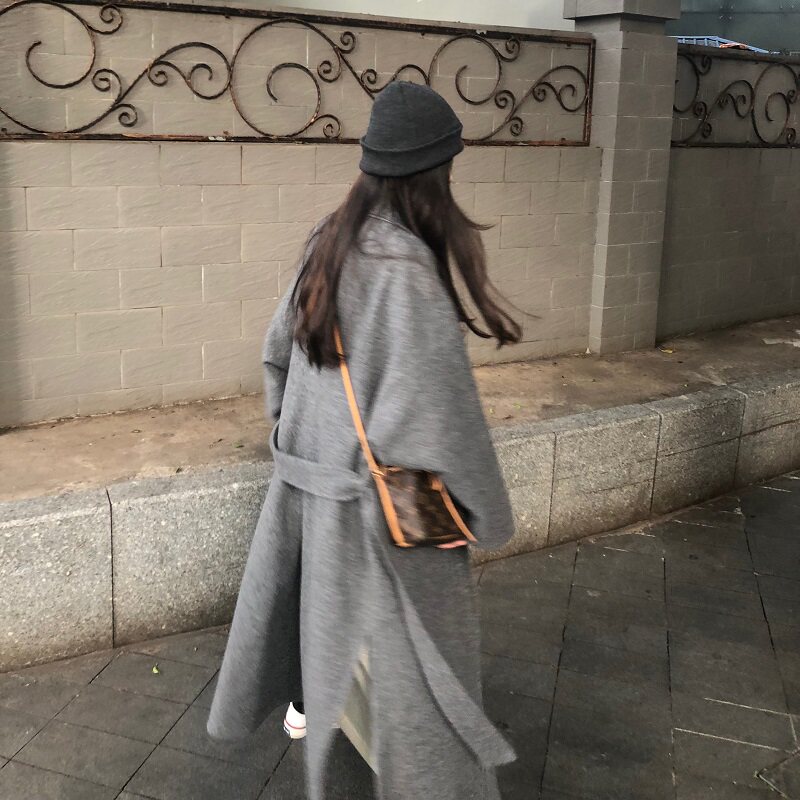 秋冬新款韩版ins复古灰色气质毛呢大衣宽松显瘦长款呢子外套女潮