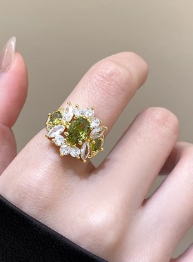 法式复古宫廷风橄榄绿锆石戒指女优雅轻奢小众精致高级感开口指环