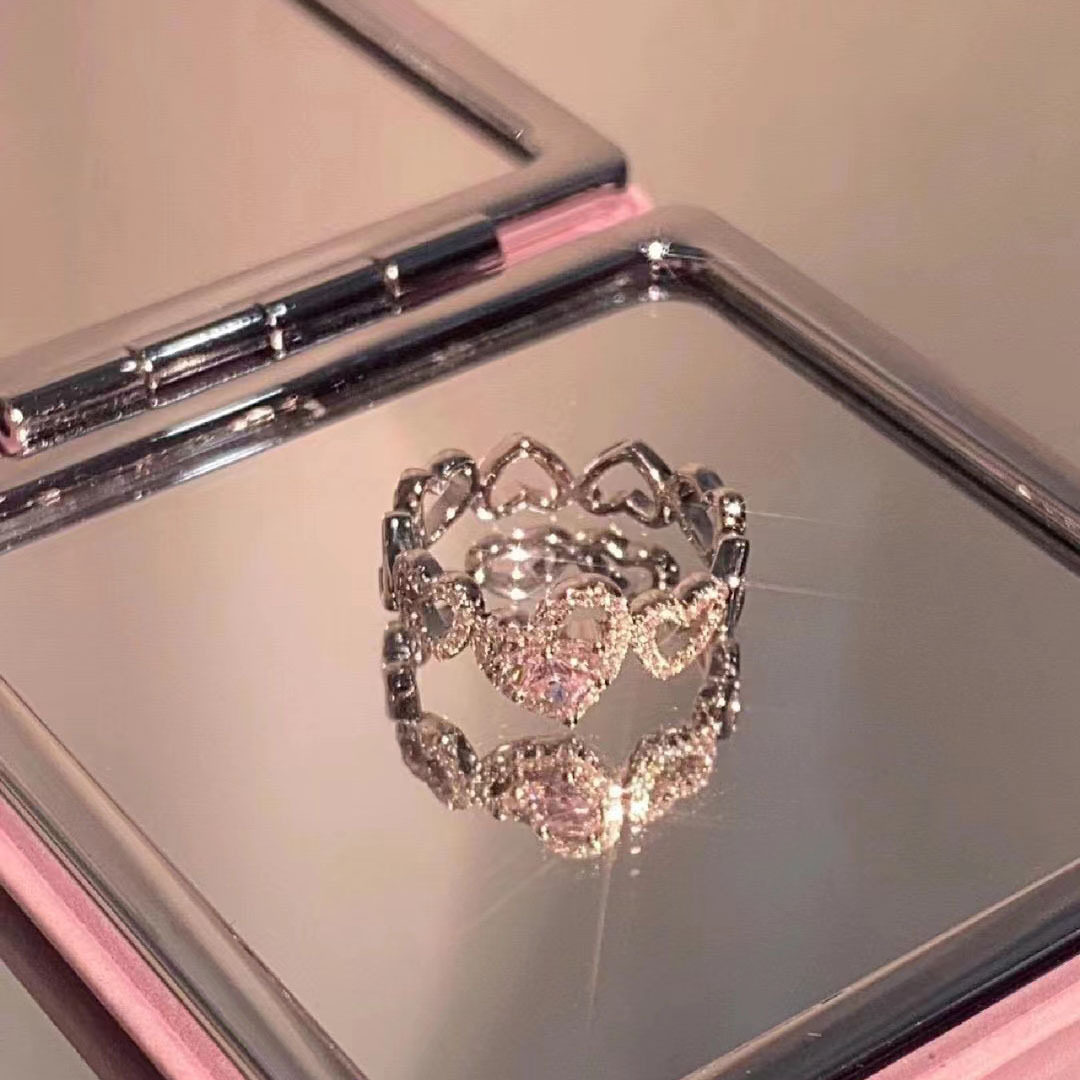 欧美新品恋爱心跳不规则生日聚会女戒指网红同款粉钻心形开口戒指