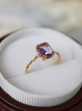 爆款温柔仿紫水晶方形切割闪耀仿锆石波浪轻奢百搭戒指潮流温柔女