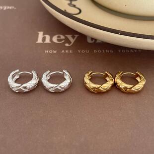 925纯银纹路耳钉耳扣女欧美小众设计高级感复古ins风金属圆圈