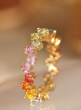 彩虹糖镀银戒指女彩虹系列镀金镶嵌彩色水晶水晶ins高级指环现货
