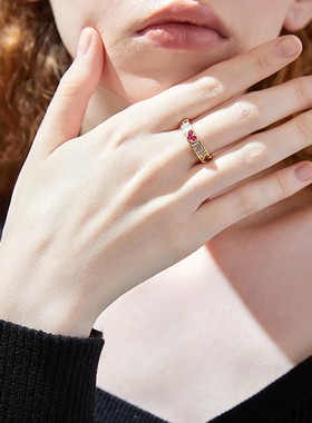 小众轻奢粉色少女爱心开口锆石戒指潮高级感时尚食指戒可调节指环