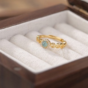 镀金色财源滚滚高仿天玉髓戒指轻奢铜币蛋面食指戒女神节礼物