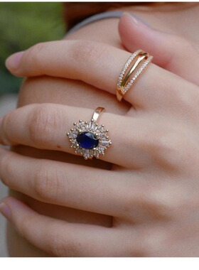 欧美热销精美椭圆切面锆石镶钻戒指时尚大气蓝宝石花朵状奢华指环