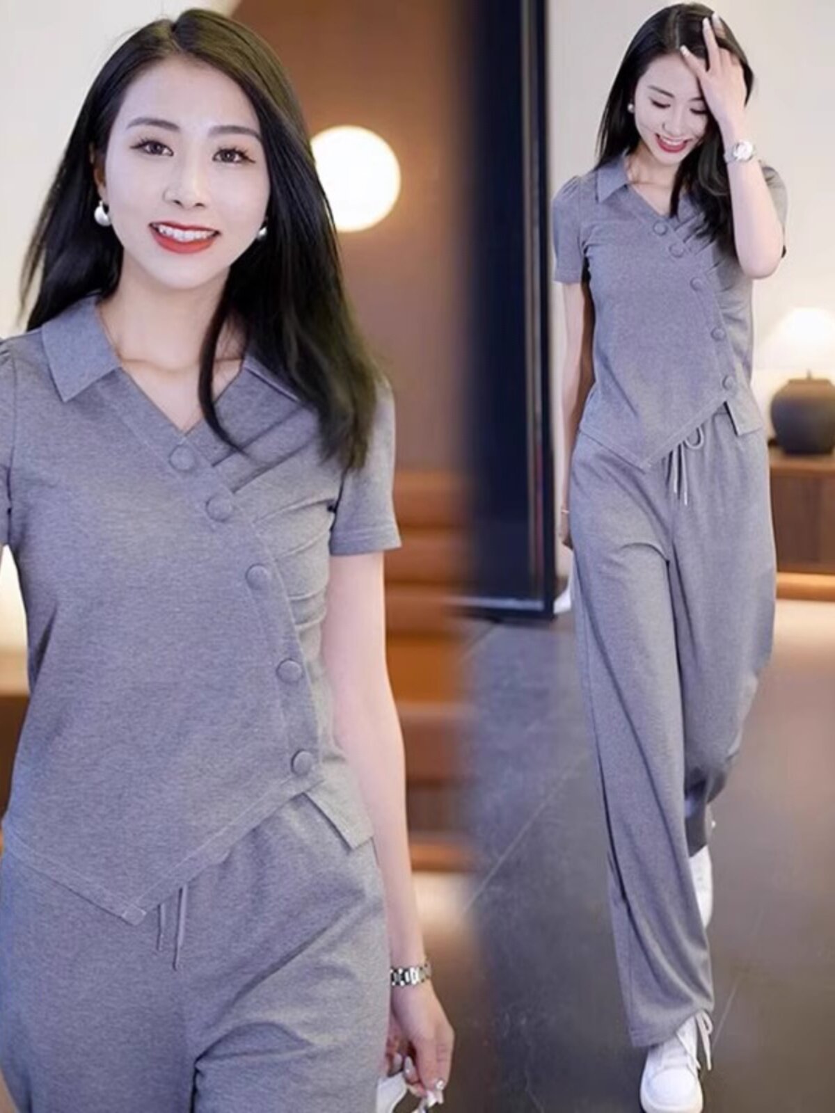 休闲运动服套装女士2025年夏季新款时尚洋气卫衣短袖阔腿裤两件套