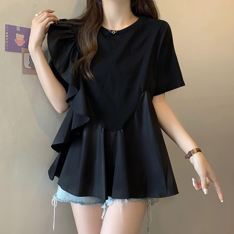 大码女装遮肚法式正肩短袖T恤女夏季胖妹妹收腰中长款遮屁股上衣
