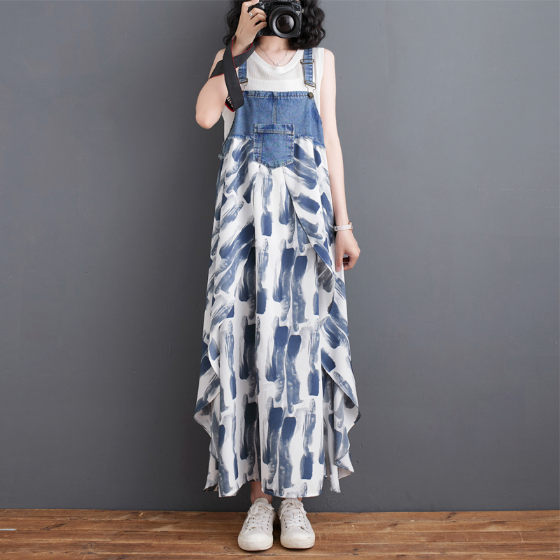 2025夏季新款韩版时尚牛仔拼接雪纺背带裙洋气大码显瘦欧货连衣裙