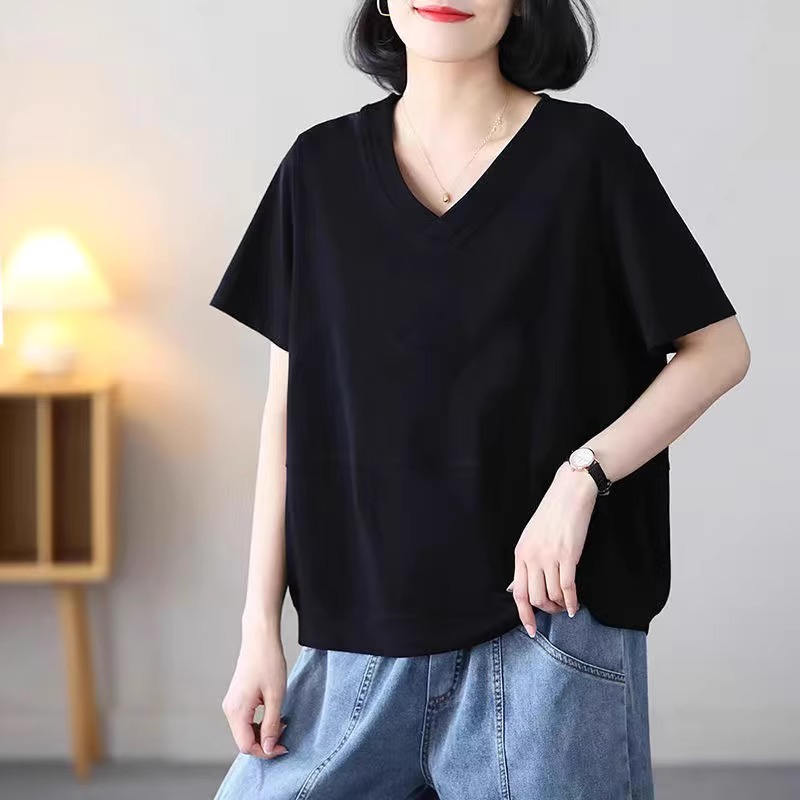 2025夏季新款大码胖mm宽松显瘦体恤女纯棉V领短袖t恤文艺百搭上衣