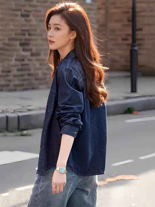 覆古水洗牛仔衬衣外套女薄款2025春秋新款宽松设计感休闲衬衫上衣