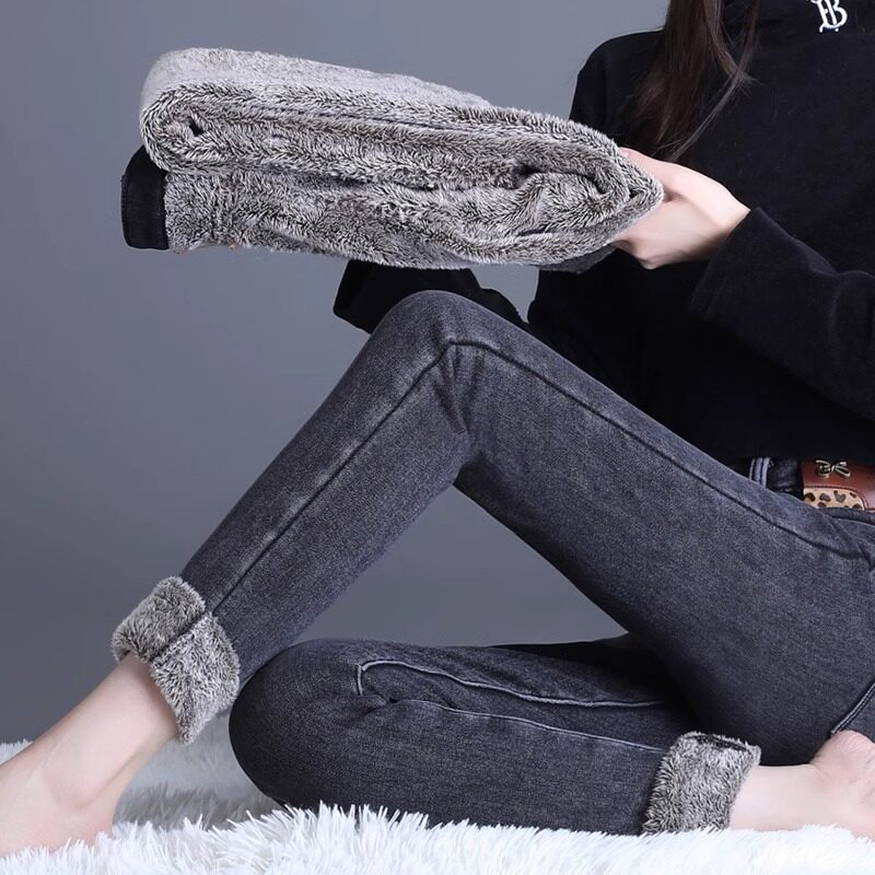 加厚羊羔绒牛仔裤女冬季2025年新款高腰加绒保暖紧身小脚铅笔靴裤