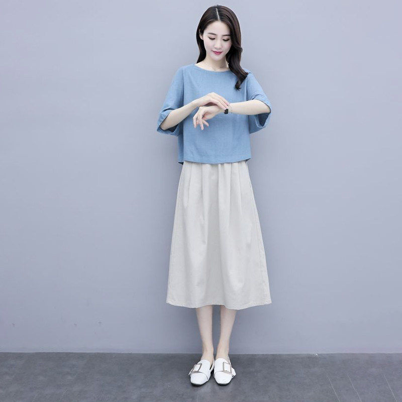 时尚洋气棉麻时尚套装女2026夏季新款显瘦上衣半身裙小个子两件套
