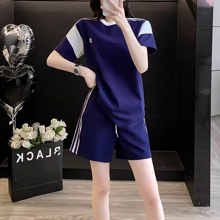 蓝色洋派时尚短袖套装女夏2025韩版潮休闲 短裤两件套宽松运动跑