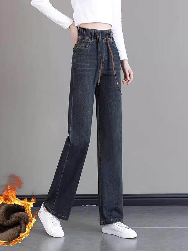 加绒加厚直筒牛仔裤女2025秋冬季新款高腰宽松小个子松紧腰阔腿裤