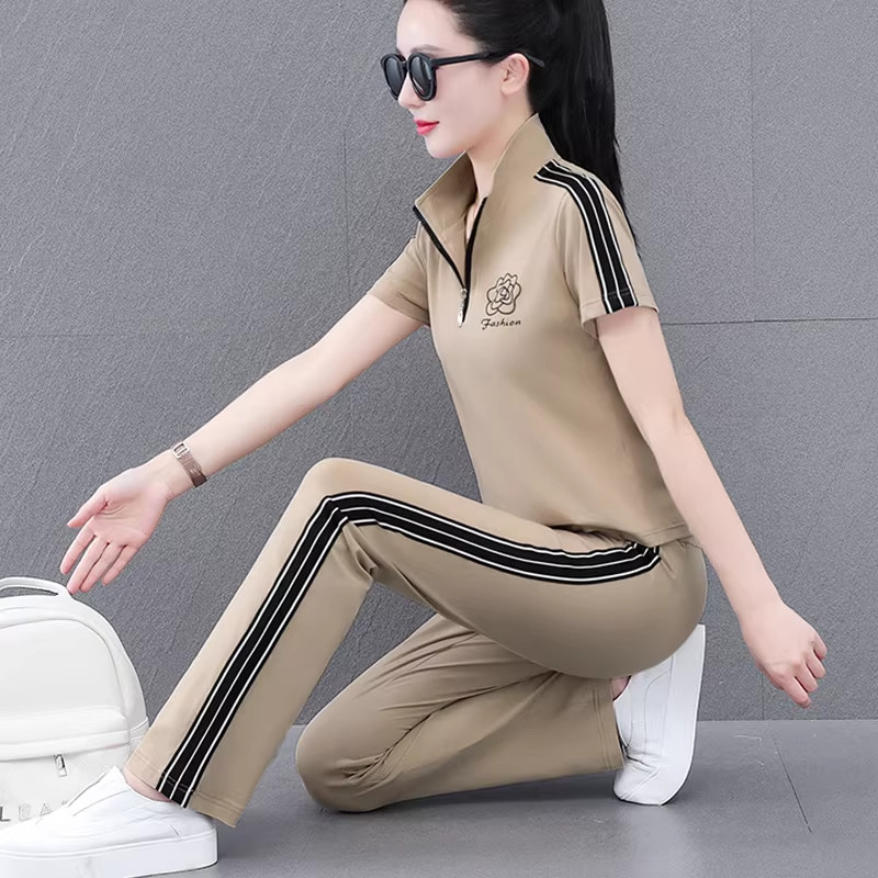 纯棉运动套装女2026新款夏季时尚立领短袖妈妈休闲洋气减龄两件套